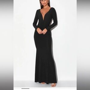 Lulus Glamorous in Glitter Black Long Sleeve Backless Maxi Dress